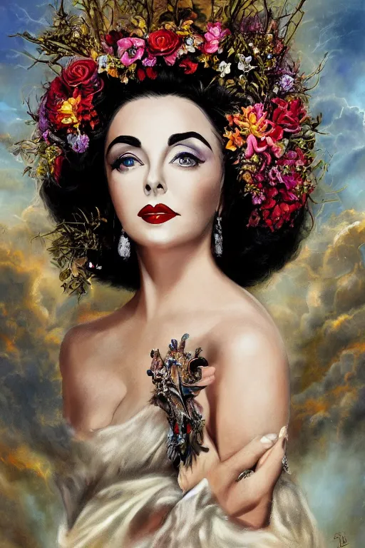 Prompt: center portrait fine art photo of the beauty princess elizabeth taylor, dramatic pose she has a crown of stunning flowers and fur stole and black dress gemstones, realistic eyes, background full of stormy clouds, by peter mohrbacher