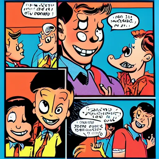 Prompt: dan decarlo art style, comic character, kind, friendly, orange hair, oval eyes, round face, freckles, thick eyebrows, archie andrews, smiling, art by dan decarlo, archie comics style, single character