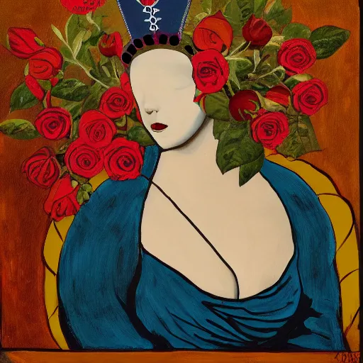 Prompt: a painting of an outline of faceless woman no features wearing a crown made of mute color roses