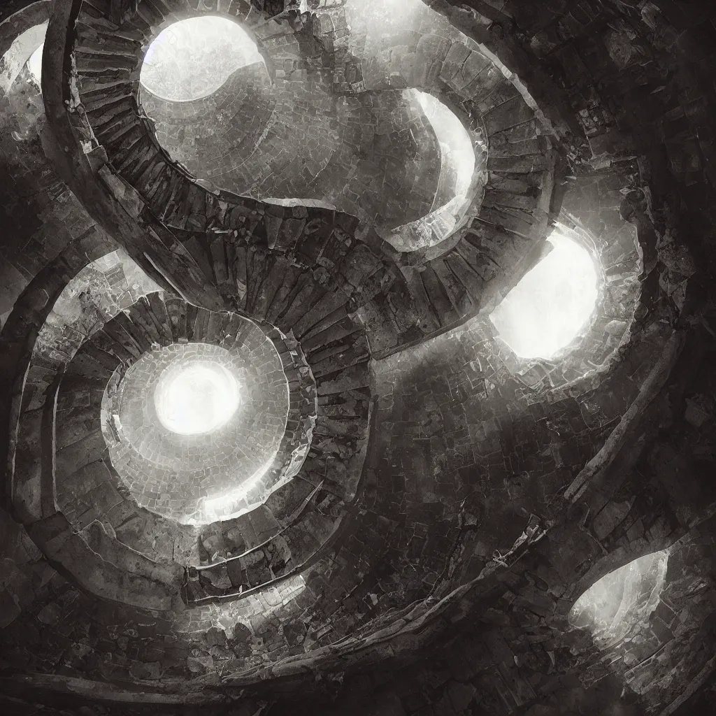 Image similar to “ a spiral staircase underground leads down to the center of the earth, mist, tyndall effect, artstation ”