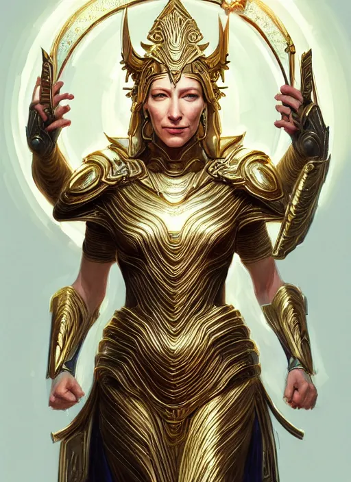 Prompt: cate blanchett as goddess athena, intricate, elegant, glowing lights, highly detailed, digital painting, artstation, glamor pose, concept art, smooth, sharp focus, illustration, art by artgerm and greg rutkowski, artey freytag