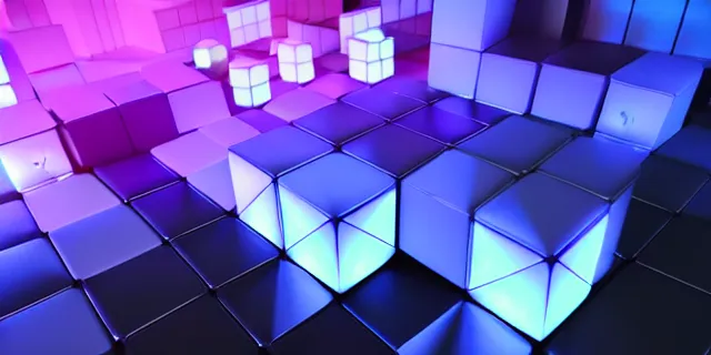 Image similar to a glowing cube surrounded by smaller cubes, atmospheric lighting, intricate, volumetric lighting, beautiful, sharp focus, ultra detailed, in the art style of bowater charlie, brom gerald, astrophotography, rendered in cinema 4 d, quantum wavetracing, rendered in maya