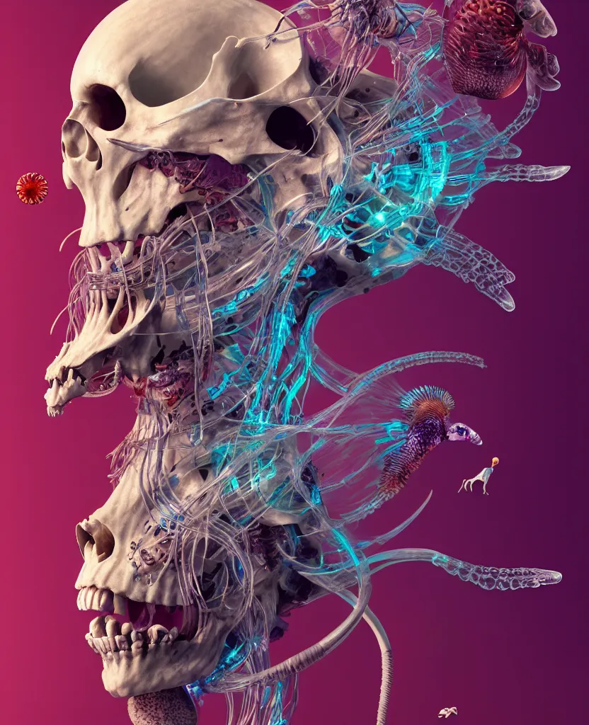 Image similar to goddess close-up portrait ram skull, thorax, x-ray, backbone, jellyfish phoenix head, nautilus, orchid, skull, betta fish, bioluminiscent creatures, intricate artwork by Tooth Wu and wlop and beeple. octane render, trending on artstation, greg rutkowski very coherent symmetrical artwork. cinematic, hyper realism, high detail, octane render, 8k