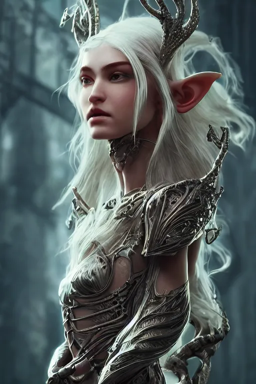 Prompt: beautiful biomechanical impish elven incredible hair, masterpiece crystalline incrustations, hyperdetailed face, elegant pose, movie still, intricate, octane render, cinematic lighting, cgsociety, unreal engine,