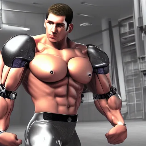 Image similar to a realistic detailed photo of a bodybuilder who is also a male android Chris Redfield, shiny skin, posing robotically, blank stare