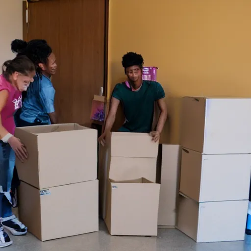 Image similar to monkeys moving into college dorm setting up furniture