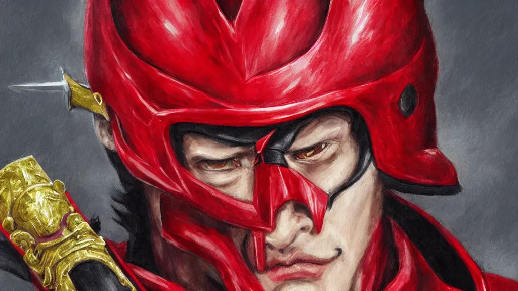 Image similar to Jotaro Kujo in scarlet red holy knight armour wear a helmet in the shape of heron cover upper half of his face, hold a cross sword with fire vertically, high detailed, precise and neat artist Sangood Jeong style, oil painting texture