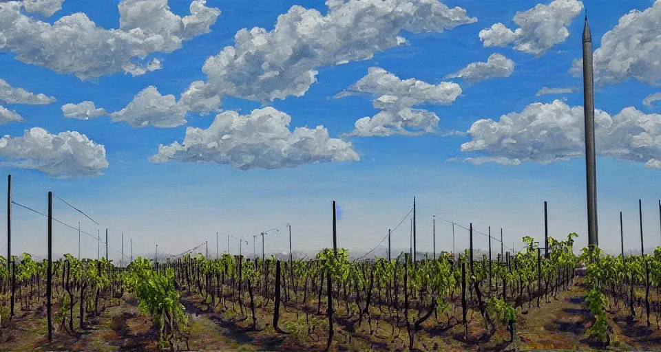 Image similar to world of only concrete, a flat endless plane of concrete covered in thin, very tall concrete pillars that go on to the horizon, vines growing on the pillars, open sky, blue sky with clouds, god rays, beautiful painting, oil on canvas, by Ewa Czarniecka, award winning masterpiece,