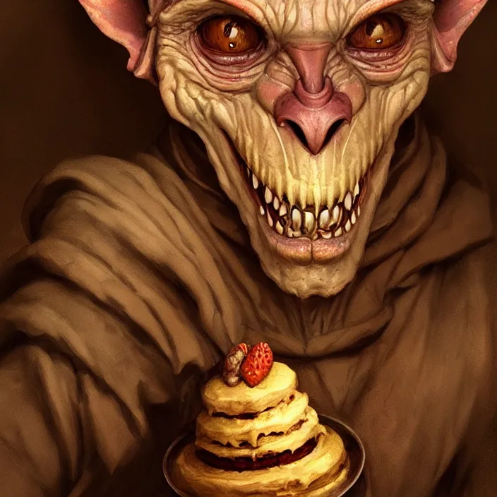 Image similar to profile face portrait of a medieval goblin eating cakes in the cloisters, beautiful face, hyper realistic, highly detailed, digital painting, artstation, illustration, concept art by hyung tae and frank frazetta, digital paint, matte paint, washed colors, dark, gloomy