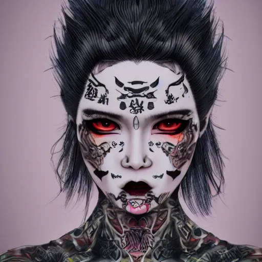 Image similar to japanese gothic model with maximalist hair style and kanji tattoos, dark colors, fashion model, portrait shot, depth of field, 8 k, hyper detailed, intricate, trending on artstation