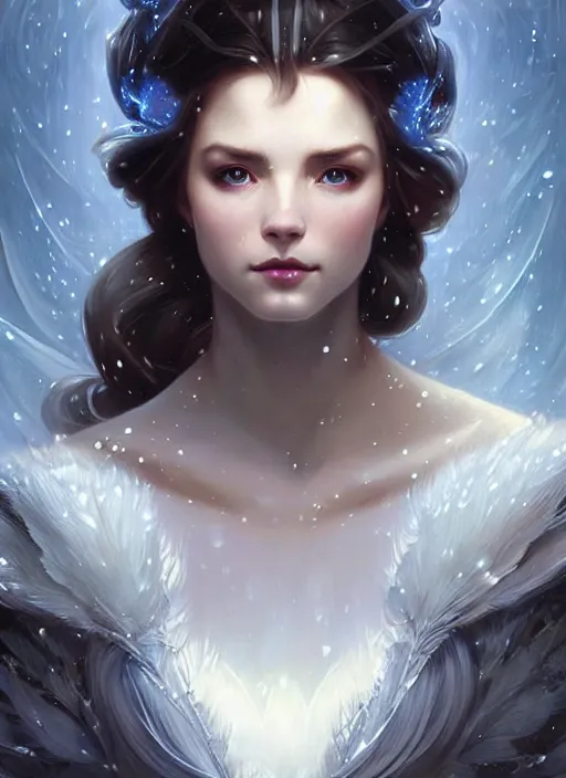 Image similar to a beautiful cinematic female winter goddess, cristal dress, ice wing, galatic shamen with quantum energy fantasy, fantasy magic, undercut hairstyle, dark light night, intricate, elegant, sharp focus, illustration, highly detailed, digital painting, concept art, matte, art by wlop and artgerm and greg rutkowski and alphonse mucha, masterpiece