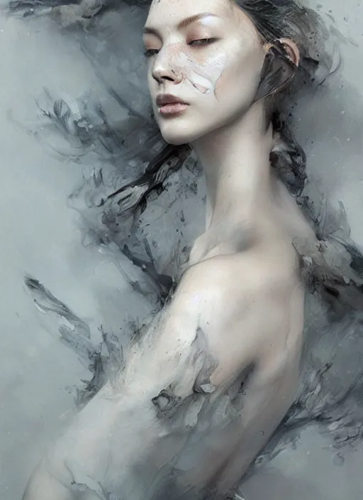 Image similar to portrait of beautiful woman dissolving, made of dust smoke ash, intricate, elegant, highly detailed, digital photography, art by artgerm ruan jia and greg rutkowski