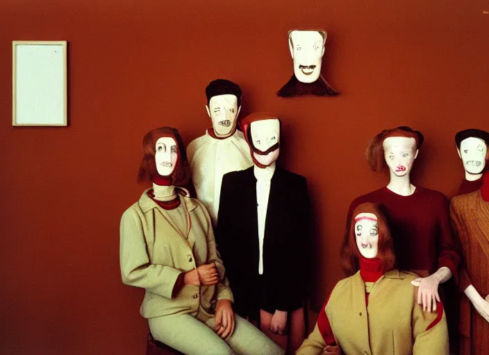 Image similar to realistic photo portrait of the team, brown mustard cotton fluffy carnival costumes, pigeon head face portrait, wooden polished and fancy expensive wooden science laboratory hall interior with plants 1 9 9 0, life magazine reportage photo, david lynch, michelangelo antonioni, red desert, twin peaks