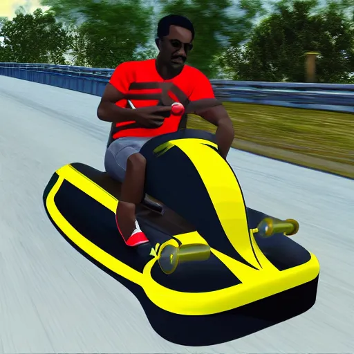 Prompt: Jamaican man, in go-kart, chased by police, digital art