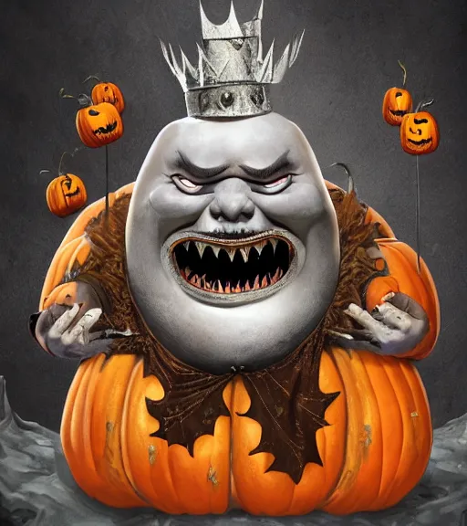 Image similar to a tim burton design of a unnerving king creature made of pumpkin, wearing a robe, giant and fat, laughing, sitting on a stone throne, detailed game art illustration, menacing carved facial expression, creepy lighting, dynamic pose, 4 k artstation, masterpiece