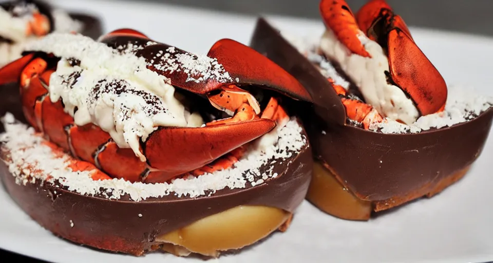 Prompt: chocolate lava stuffed lobster roll promotional image