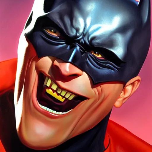 Prompt: An ultra-realistic portrait painting of Batman smiling in the style of Alex Ross. 4K. Ultra-realistic. Highly detailed. Epic lighting.