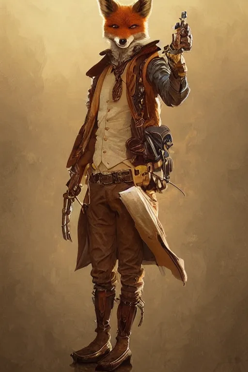 Image similar to heroic character design of anthropomorphic whimsical fox, portrait, western, steampunk, clint eastwood pose, duster, fantasy, intricate, elegant, highly detailed, digital painting, artstation, concept art, sharp focus, illustration, art by artgerm and greg rutkowski and alphonse mucha
