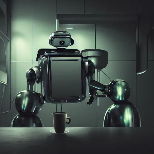 Image similar to hyperdetailed illustration of a friendly empatic highly robot serving a cup of coffee, by simon stalenhaag, by m. w. kaluta, high depth of field, fresh colors, coffee beans, coffee, steam, hyperdetailed, hyperrealistic, moody light, 3 d octane render, 4 k, volumetric lights, smooth, cosy atmosphere, artstation!