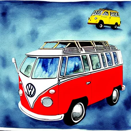 Image similar to fisheye perspective caricature watercolor painting of a vw volkswagen bus, bulli, type - 2, microbus, kombi from pixars cars with eyes instead of a windshield flying towards the camera, jumping at the viewer doors fully open, luggage in the air, dynamic action shot, fish eye lense, frontal, huge vulcano is seen in the background