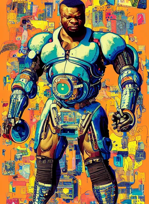 Prompt: chidi igwe. buff cyberpunk weight lifter. robotic arm. portrait illustration, pop art, splash painting, art by geof darrow, ashley wood, alphonse mucha, makoto shinkai ( apex legends )