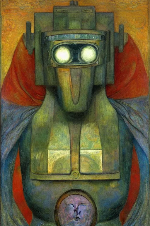 Prompt: the robot in his regalia, by Annie Swynnerton and Diego Rivera and Elihu Vedder, symbolist, dramatic lighting, elaborate geometric ornament, Art Brut, soft blues and greens,smooth, sharp focus, extremely detailed, Adolf Wölfli