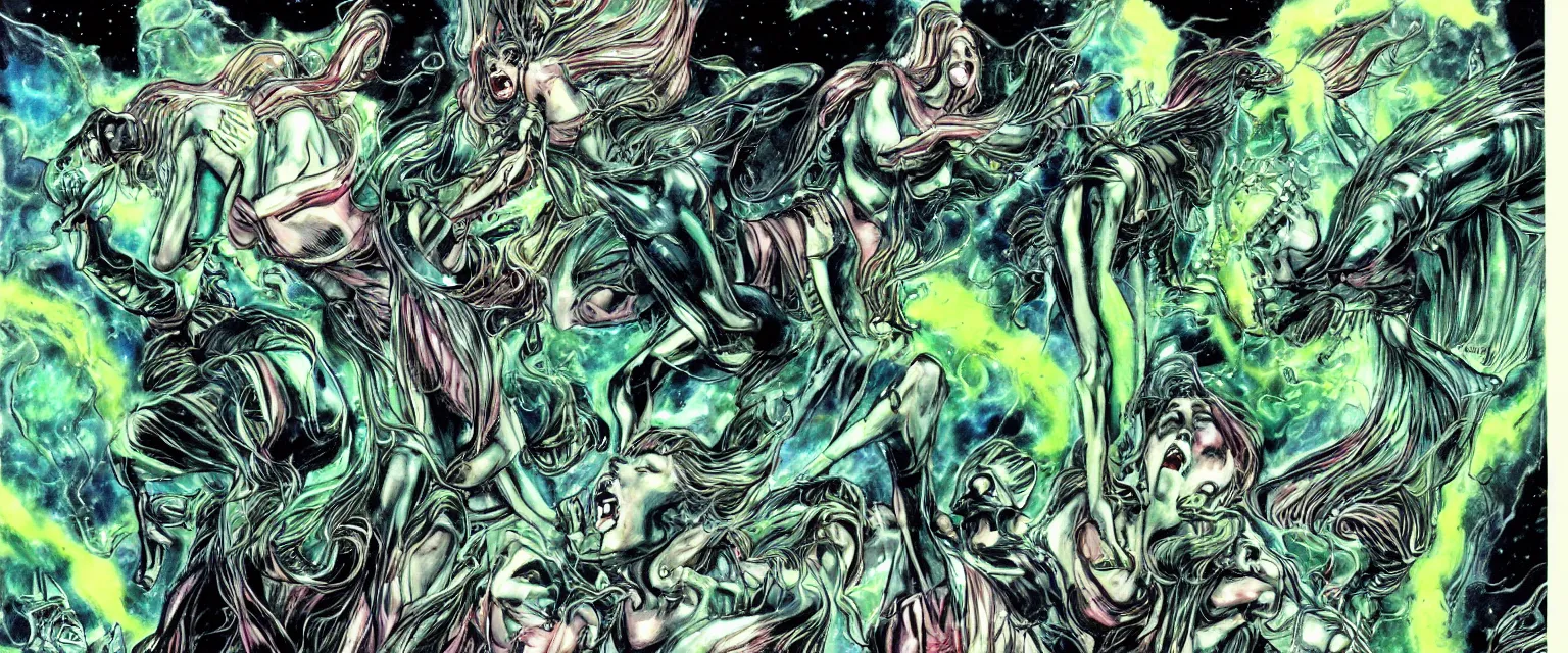 Image similar to exaltics apocalyptic ufo woman is screaming and crying after alien invasion on planet earth style of manga comic books in the year seventies, storybook illustration, by yoshitaka amano, green color scheme
