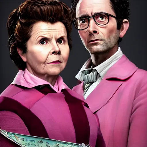 Image similar to david tennant and imelda staunton as dolores umbridge in pink clothes with the tenth doctor who, highly detailed, artstation, concept art, fantasy, smooth, sharp focus, illustration, perfect face, art by willem claesz. heda, nikolay makovsky, jacek malczewski, arthur hughes, edward okun, franz xaver winterhalter