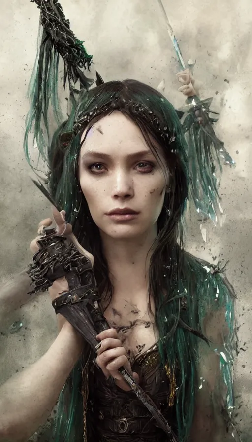 Image similar to epic masterpiece portrait of a dark sorceress with a magic wand, on the battlefield, tribe makeup and jewelry, sweaty skin, hyperrealistic, octane render, cinematic, followed by heads with many faces, beautiful face and flawless skin, perfect hands, emeralds by Edgar Maxence and Ross Tran and Michael Whelan, Legends of Runeterra