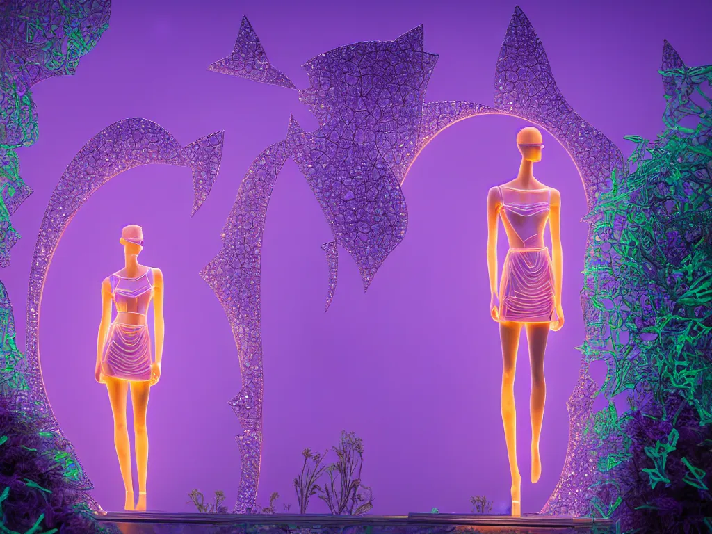 Image similar to beautiful mannequin sculpted out of amethyst by billelis + lit with 3 d geometric neon + facing a doorway opening with neon pink geometric fractal light + flowering hosta plants!!!, moon + city of los angeles in background!! dramatic, rule of thirds, award winning, 4 k, trending on artstation, photorealistic, volumetric lighting, octane render