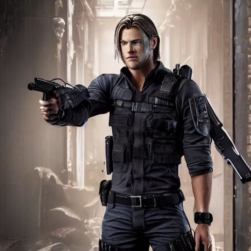 Image similar to chris hemsworth as leon kennedy in resident evil, 4k, high detail, high-resolution photograph, professional photography