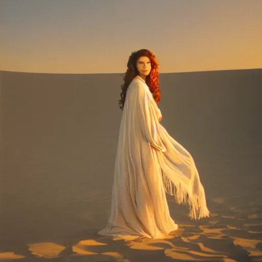 Image similar to filmstill photography of female body sulhouette covered with curly white translucent blanket blowing in wind, acrylic liquid colors, luxurious supermodel photoshooting, golden jewelry, bokeh, godrays, strong wind, wrinkles, sunrays, sunset, lens flares, monet, painting by renoir, cold colors, sand dunes