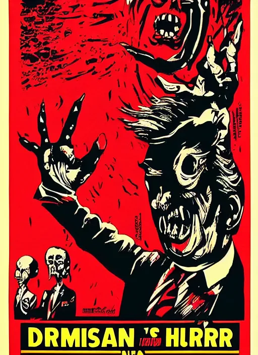 Prompt: Donald Trump's true form on a 1960s horror movie poster, inking, vintage 60s print, detailed, scary, horror, screen print, trending on artstation