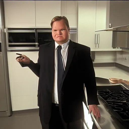 Image similar to Andy Richter is wearing a black suit and necktie and standing in a kitchen in front of an open refrigerator. There is a bright white light coming from inside the refrigerator. Andy is using his hand to shield his eyes from the bright light. Andy is squinting his eyes and his face is scrunched.