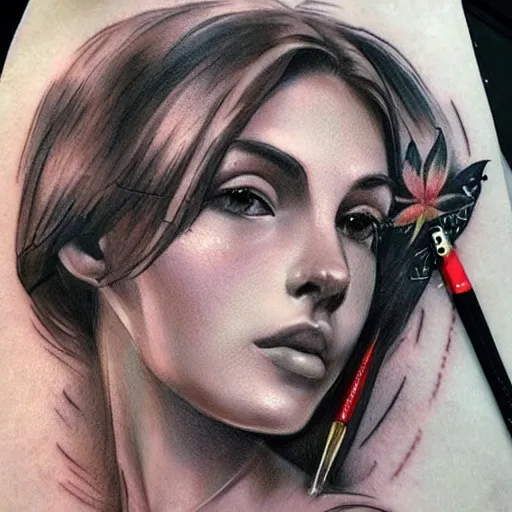 Prompt: tattoo design, beautiful portrait of a girl looking up and to the right by artgerm, artgerm