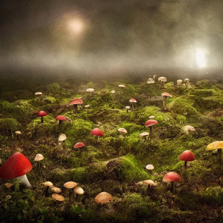 Image similar to a planet of various fungus, mushrooms, flowers and plants, inside the picture is infinity, Atmospheric, artistic photography, conceptual, long exposure outside the city, volumetric light