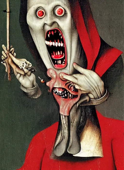 Prompt: a horrifying Joker laughing maniacally by Hieronymus Bosch, blood streaming down from his eyes, bloodshot