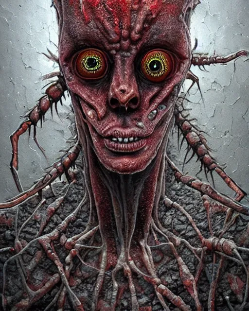 Image similar to Haunting horrifying hyperrealistic detailed painting of a tall slim spider extraterrestrial creature made of concrete stone brick, covered in, heavy metal, disgusting, creepy, unsettling, and bloodshot eyeballs, hyper detailed, trending on Artstation