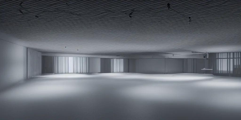 Image similar to a long angle shot of a big dark room with white lights on the celling, highly detailed, unreal engine, 4 k, dark, moody, game render, hyper realistic