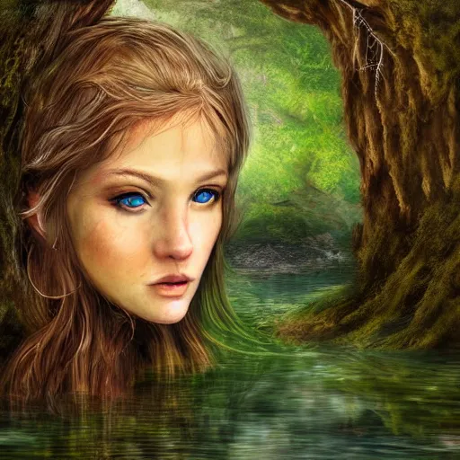 Prompt: portrait fairy emerging from a lake, art digital, highly detailed face, forest, fantasy, artwork
