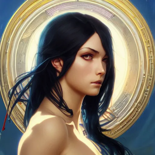 Image similar to highly detailed vfx portrait of nico robin, greg rutkowski, makoto shinkai, tom bagshaw, alphonse mucha, sharp focus, art by artgerm and greg rutkowski, backlit, harsh overhead sunlight, blue eyes,