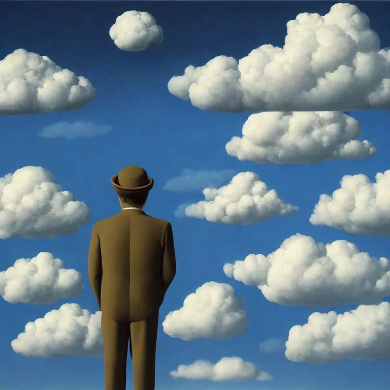 Image similar to cloud - man, by rene magritte, centered, detailed painting, hd, hq, high resolution, high detail, 4 k, 8 k