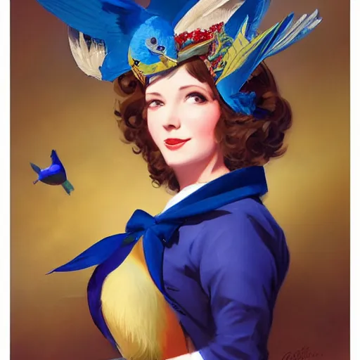 Image similar to a songbird wearing a crown, an indigo bunting, bird, blue canary, wearing a crown and bowtie by greg rutkowski, rossdraws, gil elvgren, enoch bolles, anime, very coherent