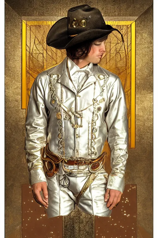 Prompt: a dramatic ethereal epic symmetrical painting of a handsome cowboy in a silvery gold outfit | silver background | tarot card, art deco, art nouveau, (steampunk), homoerotic, realistic | by Dresden Codak, by Mark Maggiori and ((((Alphonse Mucha))) | trending on artstation