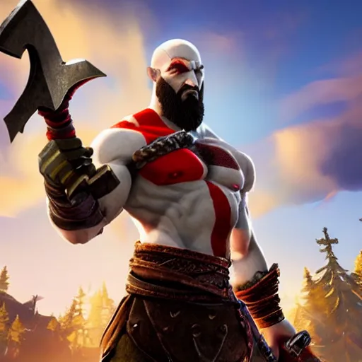 Prompt: kratos from god of war holding a fortnite pickaxe