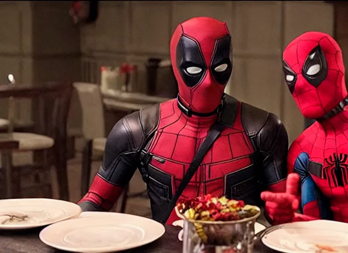 Prompt: film still of Deadpool and Spiderman having a romantic dinner in the new Spiderman movie, 4k