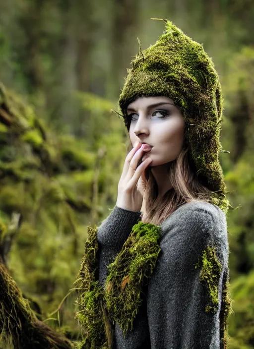 Image similar to a photo of a female model, orgnic headpiece, vines, horn, moss, fashion photography, realistic, hyperdetails, dark grey backdrop studio, tree bark and moss costume