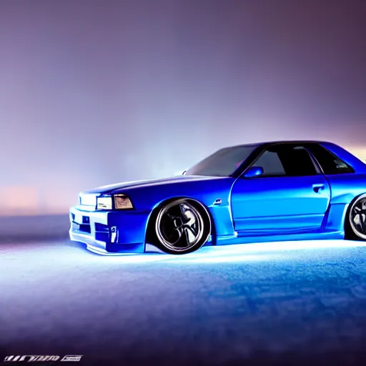 Image similar to electric blue R34 skyline, photography, 4k, volumetric lighting