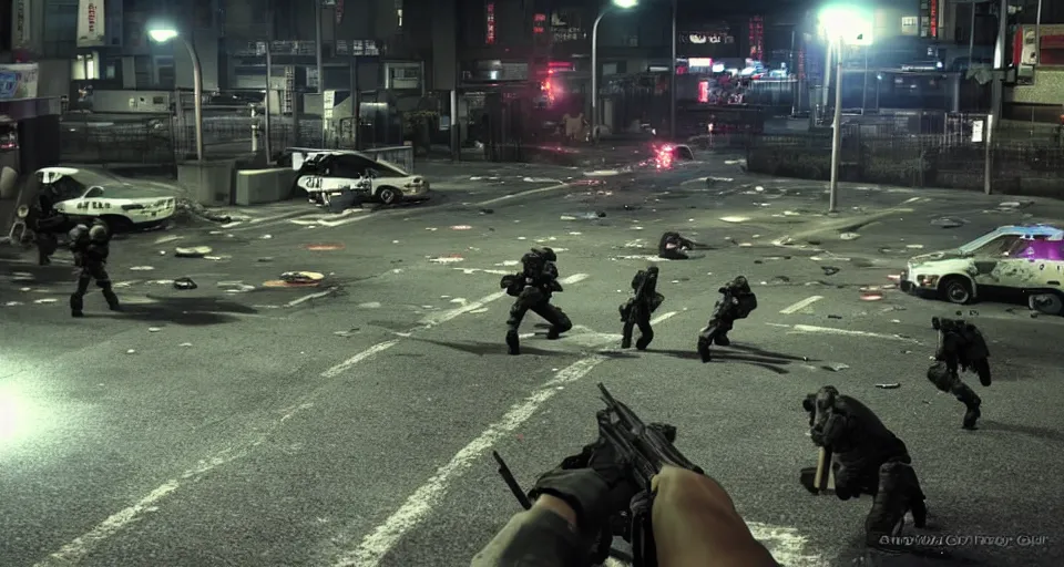 Prompt: 2011 Video Game Screenshot of Neo-tokyo Cyborg bank robbers vs police, Set in Tokyo Bank Parking Lot, Dark, Multiplayer set-piece Ambush, Tactical Squads :10, Police officers under heavy fire, Suppressive fire, Pinned down, Destructible Environments, Gunshots, Headshot, Bullet Holes and Anime Blood Splatter, :10 Gas Grenades, Riot Shields, MP5, AK45, MP7, P90, Chaos, Anime Machine Gun Fire, Gunplay, Shootout, :14 FLCL + Akira, Cel-Shaded:17, Created by Katsuhiro Otomo + Arc System Works + miHoYo: 20