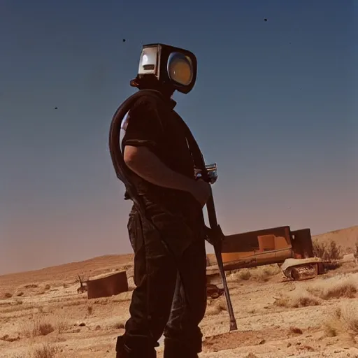 Image similar to a man wearing heavy equipment and a welding mask, in the desert, action movie, Mad Max inspired, film still, arriflex 35